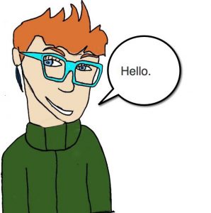 Drawing of a red-haired, bespectacled professor in a green turtleneck saying "hello".