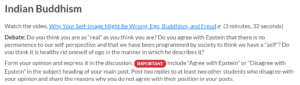 Screenshot of the assignment. Watch the video “Why Your Self-Image Might be Wrong: Ego, Buddhism, and Freud”. Debate: Do you think you are as "real" as you think you are? Do you agree with Epstein that there is no permanence to our self-perspective and that we have been programmed by society to think we have a "self"? Do you think it is healthy to rid oneself of ego in the manner in which he describes it? Form your opinion and experss it in the discussion. Include "Agree with Epstein" or "Disagree with Epstein" in the subject heading of your main post. Post two replies to at least two other students who disagree with your opinion and share the reasons why you do not agree with their position in your posts.