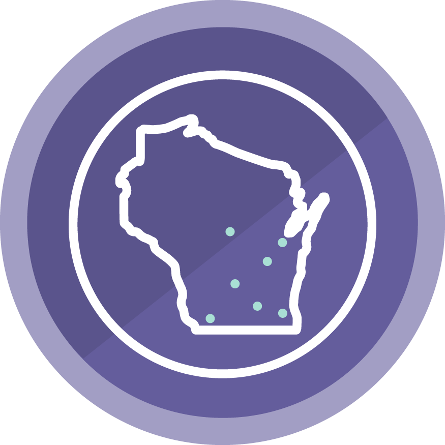 Wisconsin state outline surrounded in a purple circle