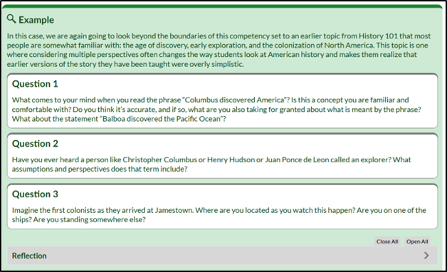 An example of an instructor providing reflective questions to improve their historical thinking skills.