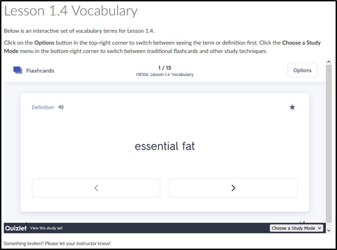 Flashcards from Quizlet showing one vocabulary term ("essential fat") and directions how to use the flashcards.