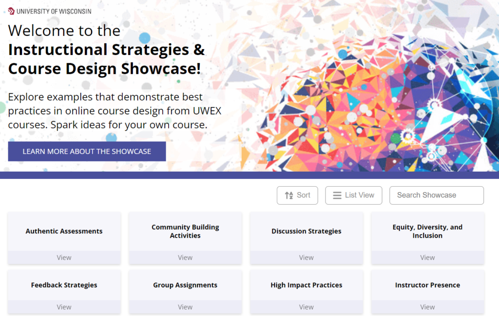 The home page of the Course Design Showcase